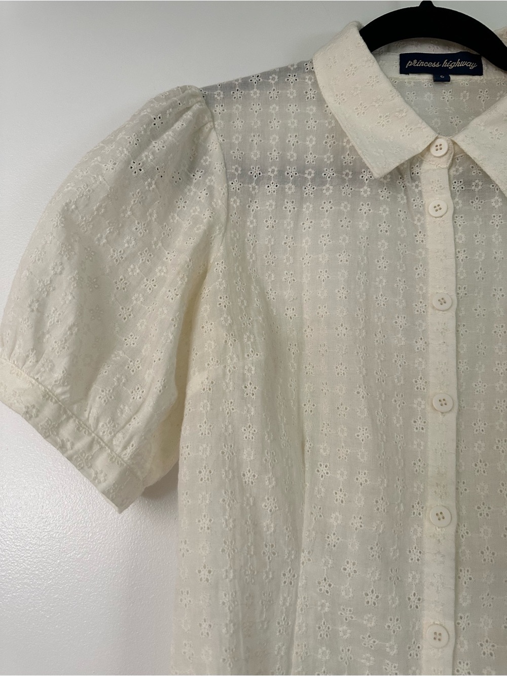 White cotton lace short sleeve button up
